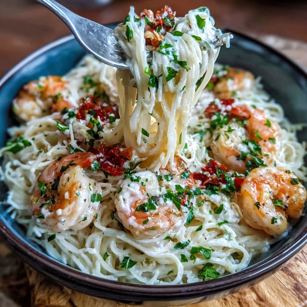 Angel Hair Pasta With Garlic Cream Shrimp