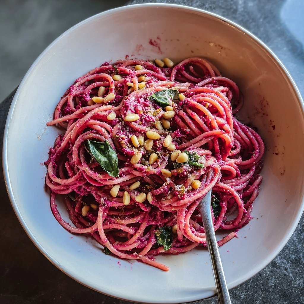 Pasta with Pink Beet Pesto